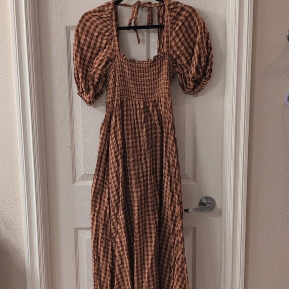 ASOS Dresses & Skirts - ASOS Brown Check A-Line Dress Smocked Puff Sleeve Square Neck Long Size US 6